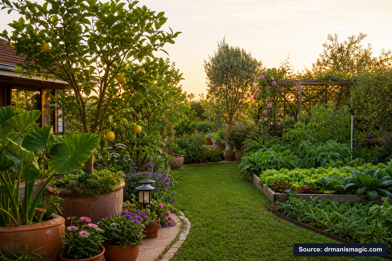 Lush, thriving backyard garden full of healthy plants and trees