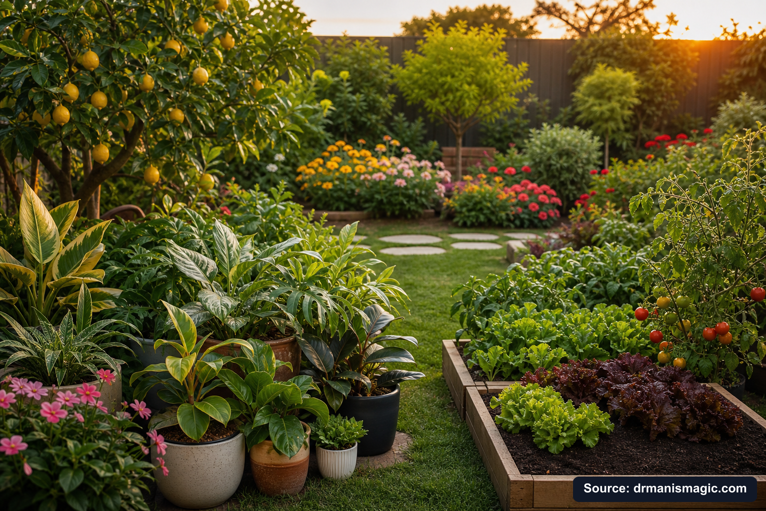 Lush, thriving backyard garden full of healthy plants and trees
