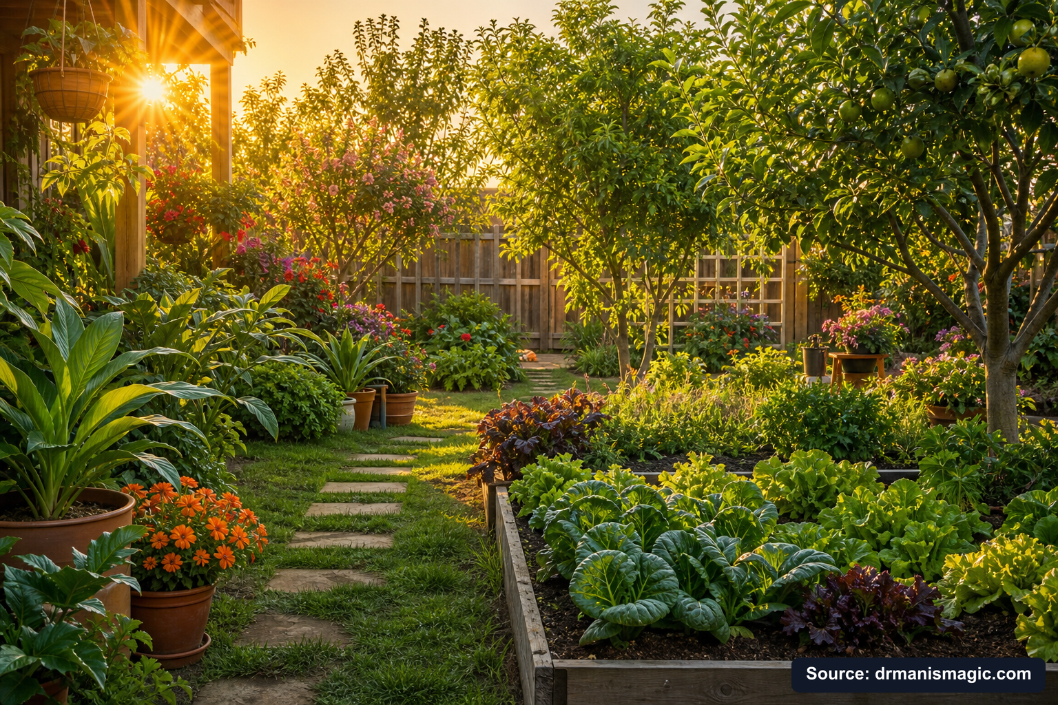 Lush, thriving backyard garden full of healthy plants and trees