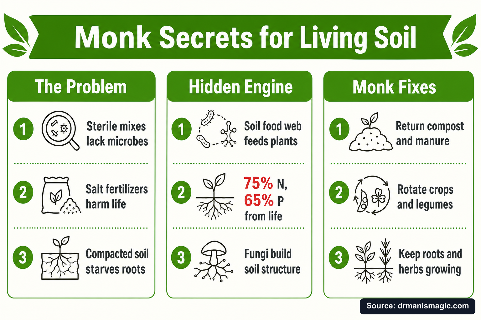 Monk Secrets for Living Soil infographic