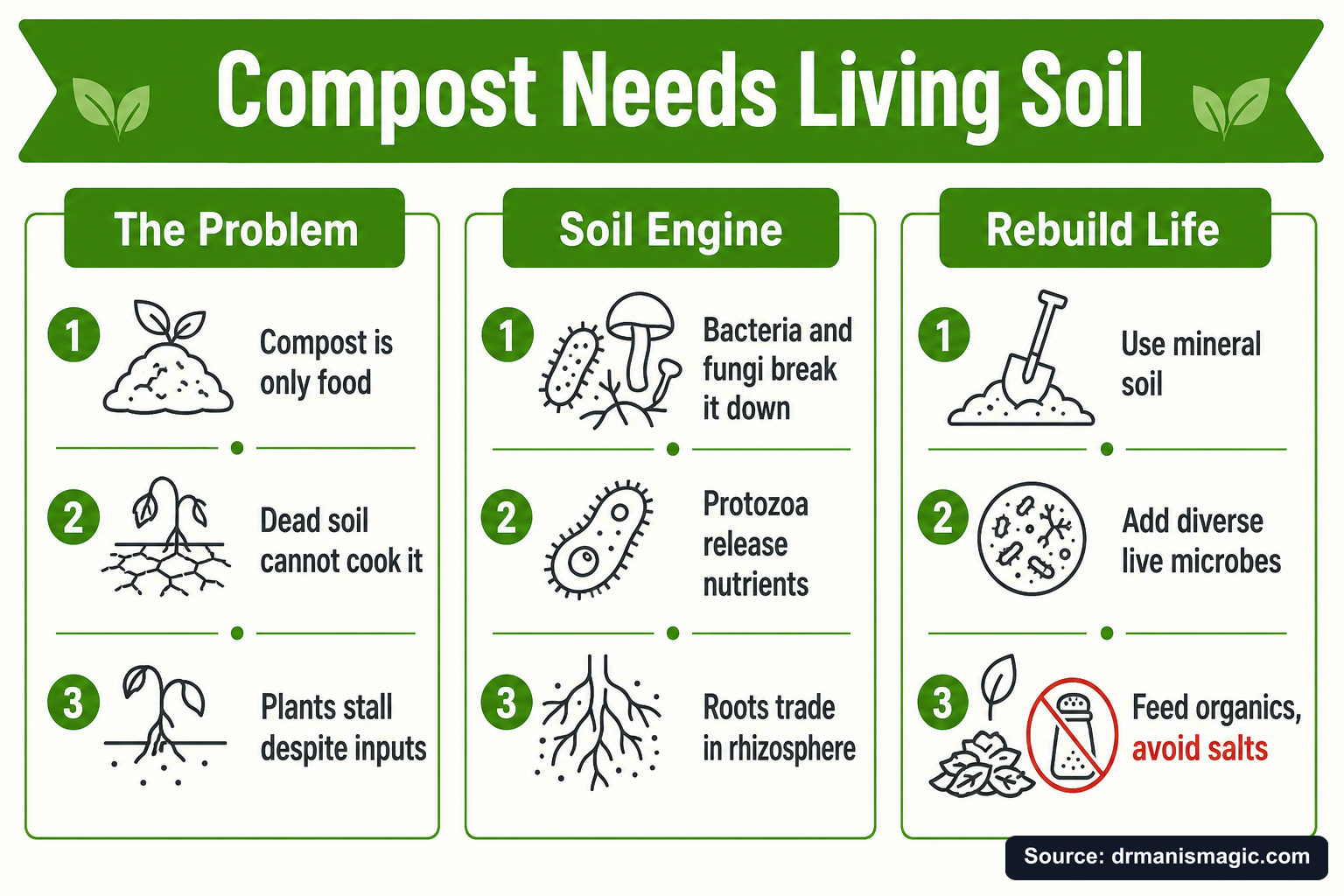 Compost Needs Living Soil infographic