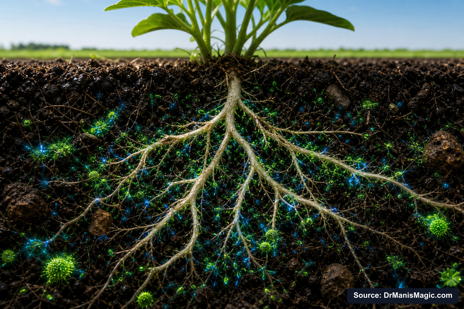 Cross-section of healthy plant roots surrounded by active soil microbes