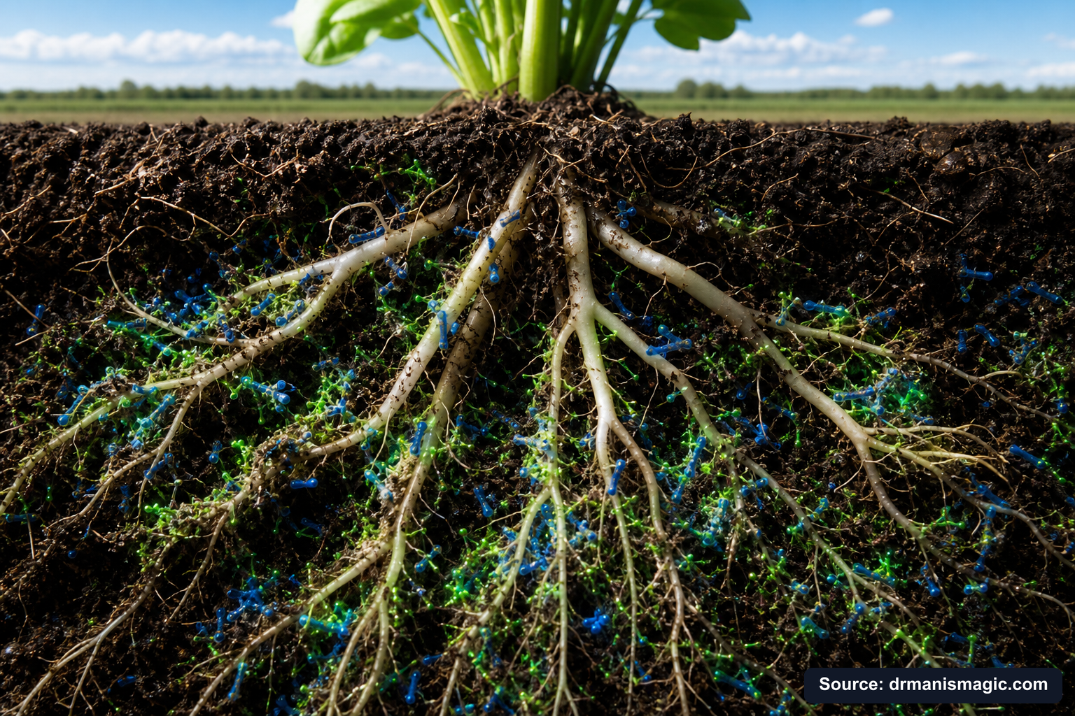 Cross-section of healthy plant roots surrounded by active soil microbes