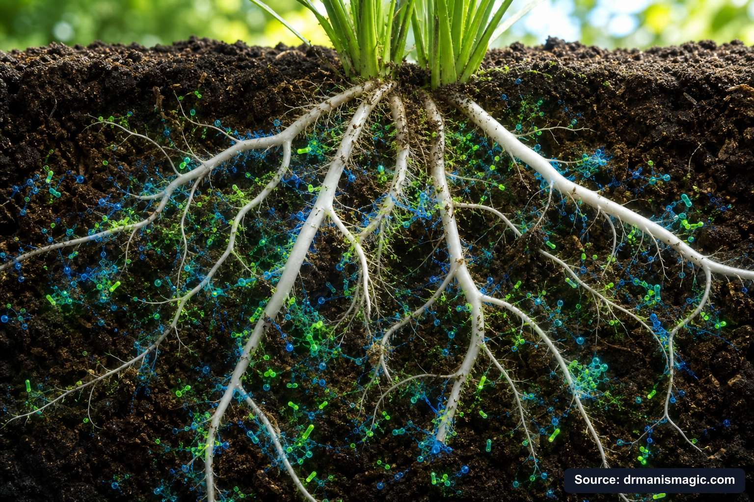 Cross-section of healthy plant roots surrounded by active soil microbes