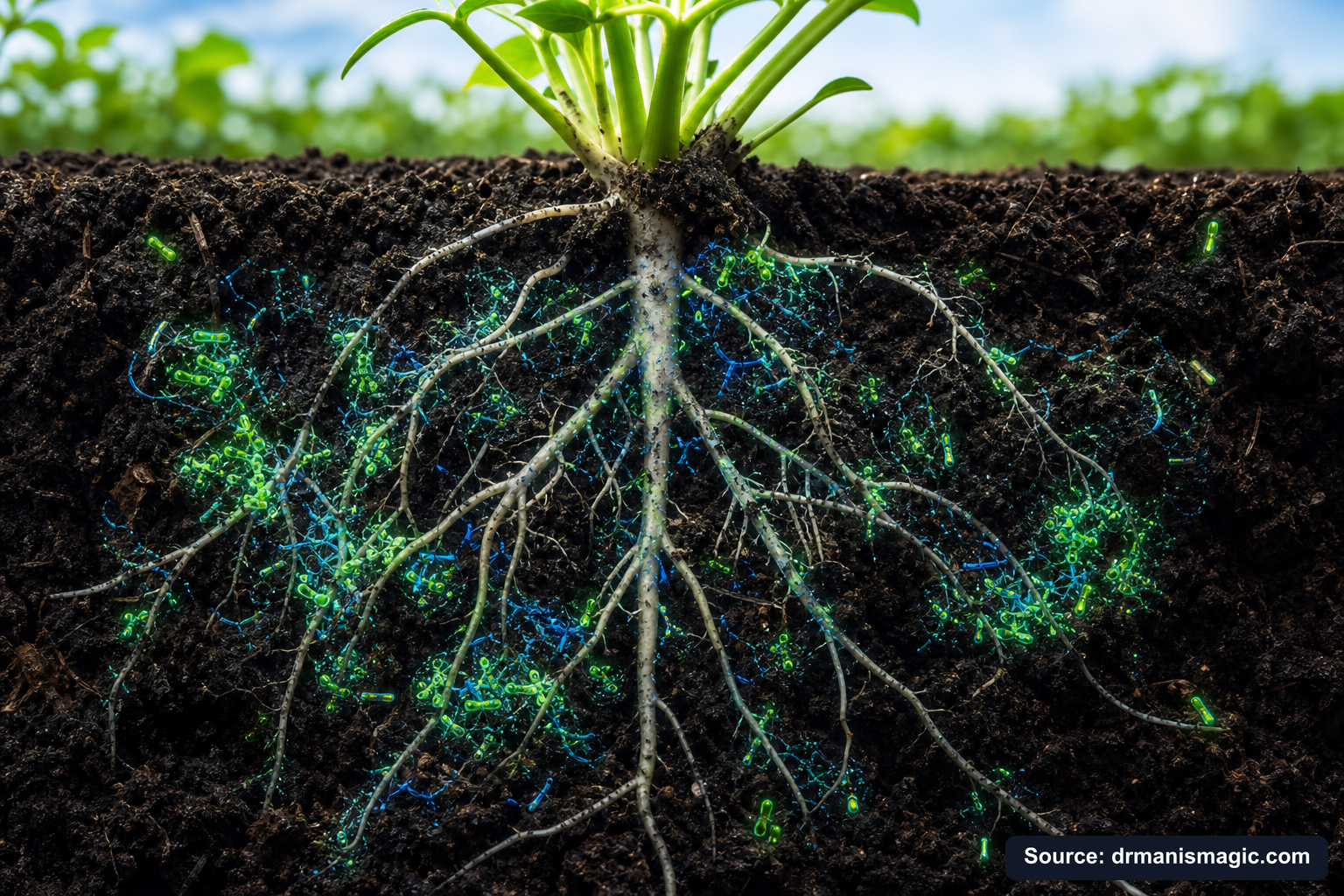 Cross-section of healthy plant roots surrounded by active soil microbes
