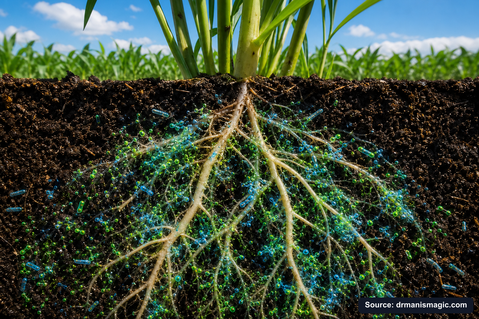 Cross-section of healthy plant roots surrounded by active soil microbes