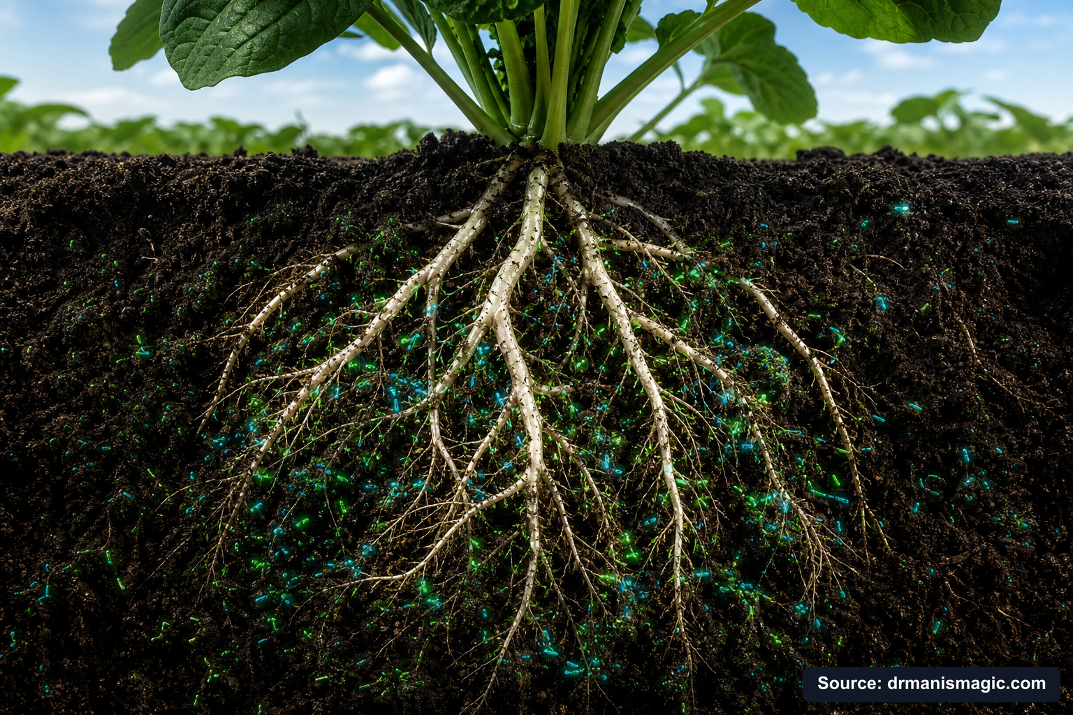 Cross-section of healthy plant roots surrounded by active soil microbes