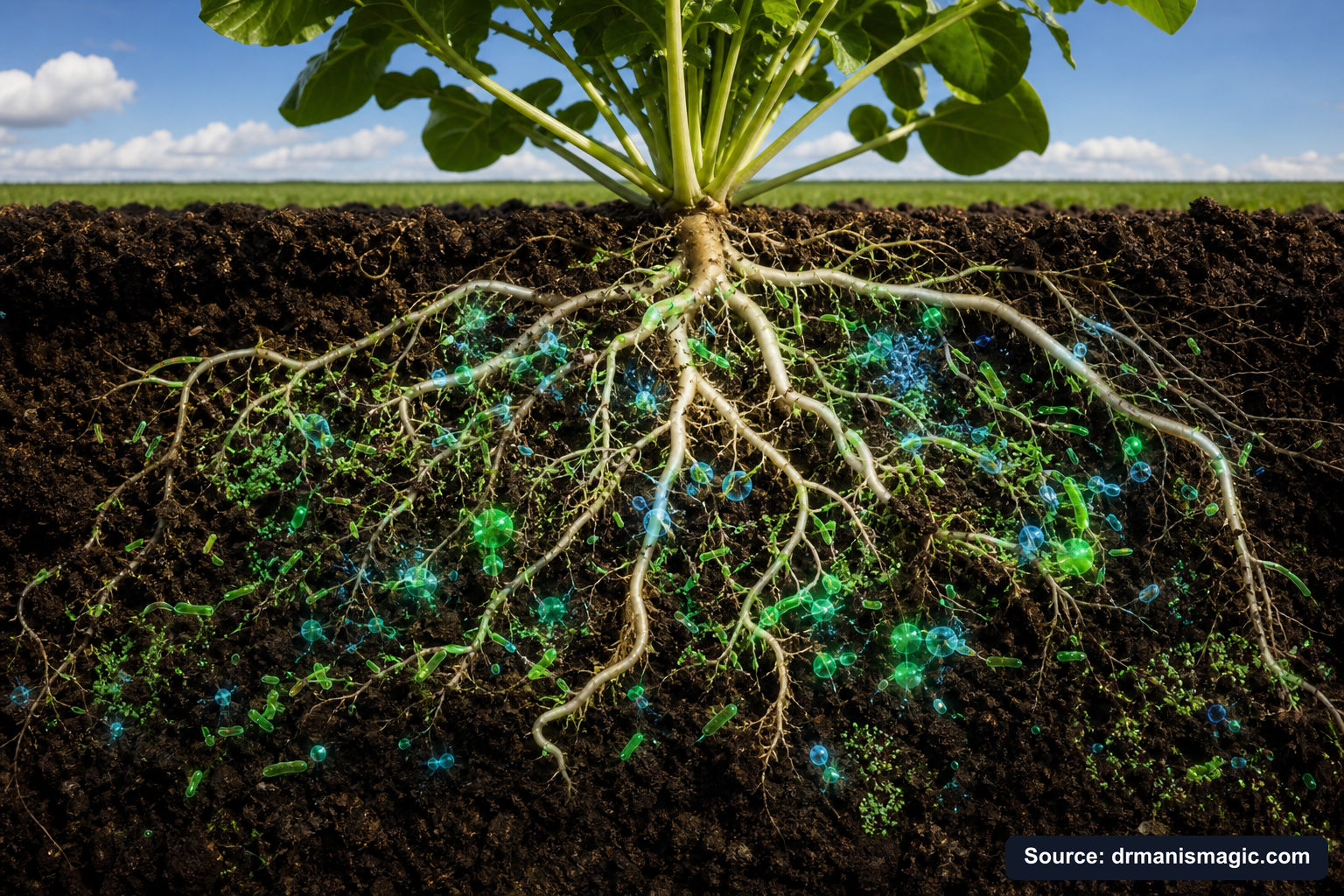 Cross-section of healthy plant roots surrounded by active soil microbes