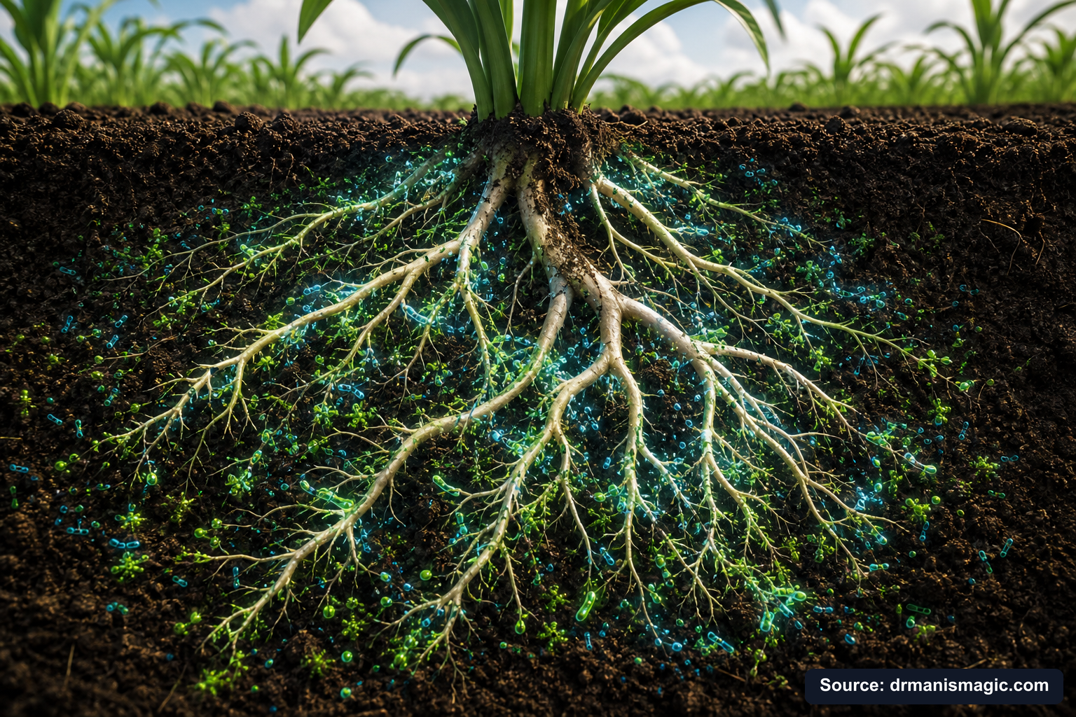 Cross-section of healthy plant roots surrounded by active soil microbes