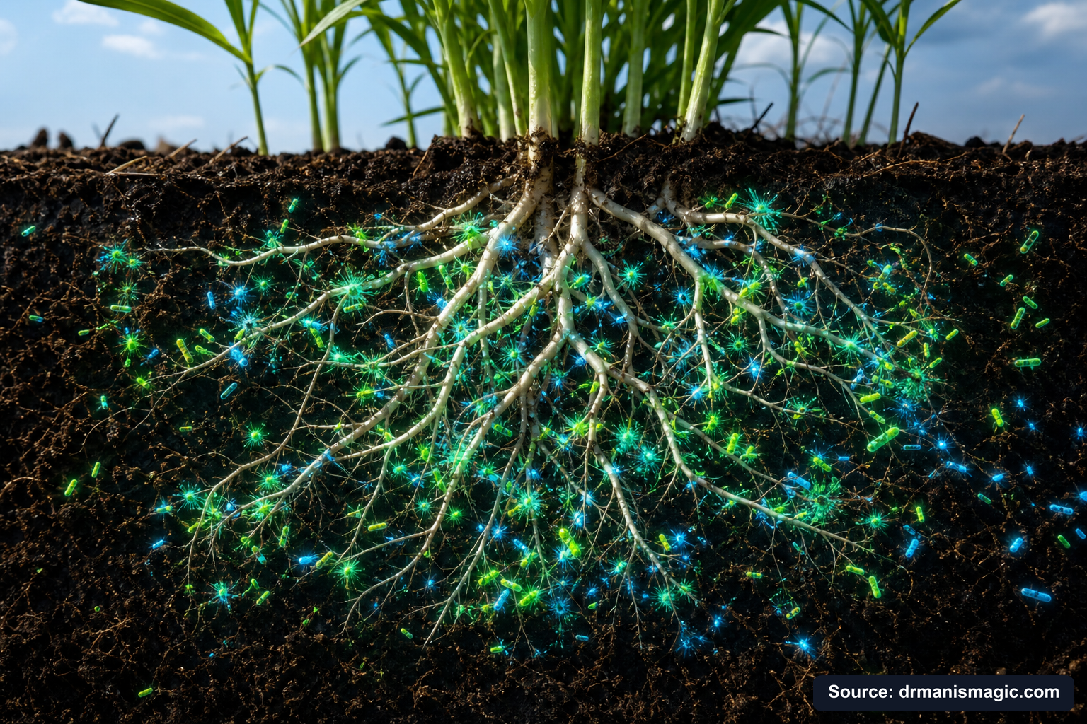 Cross-section of healthy plant roots surrounded by active soil microbes