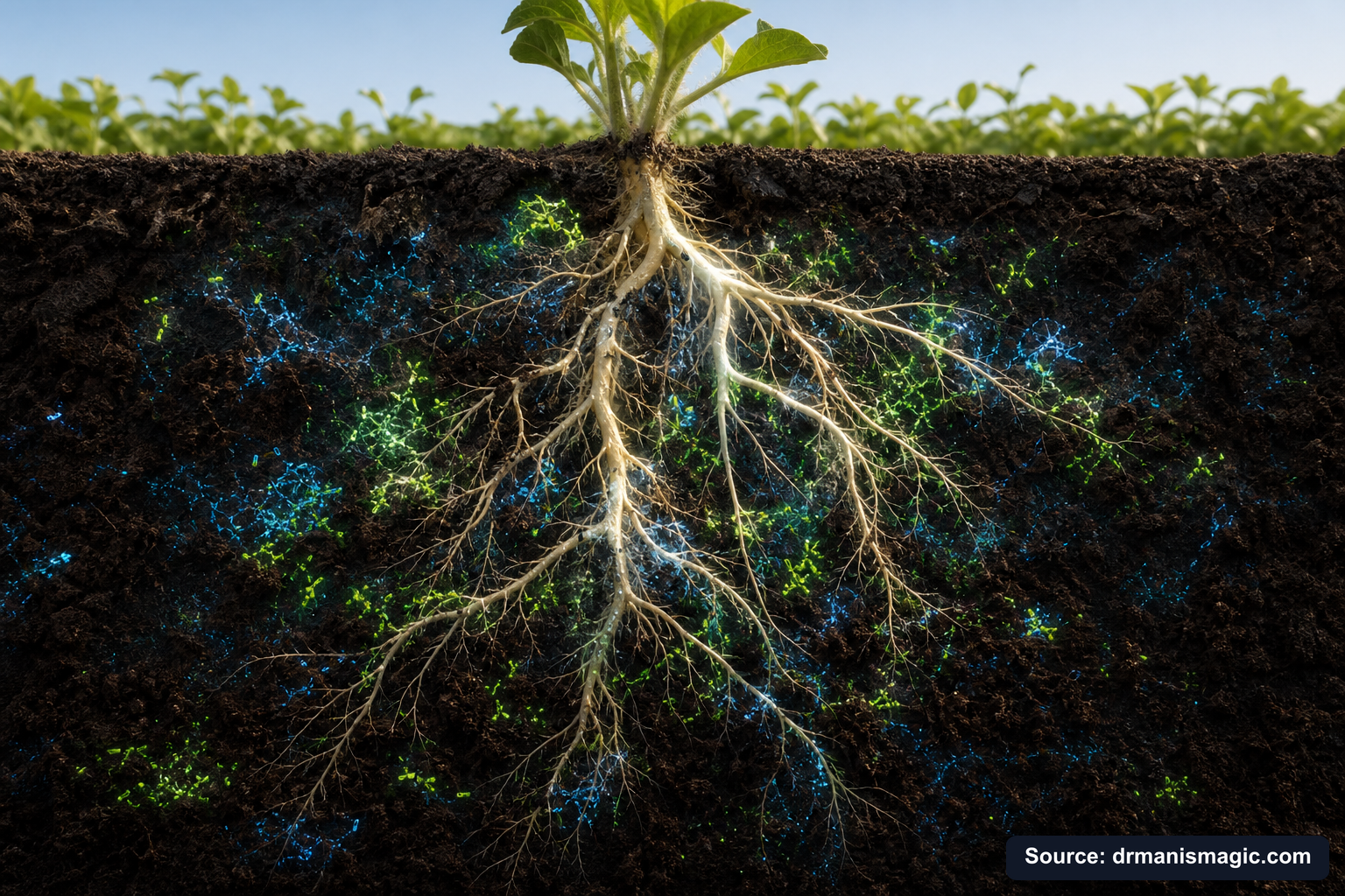 Cross-section of healthy plant roots surrounded by active soil microbes