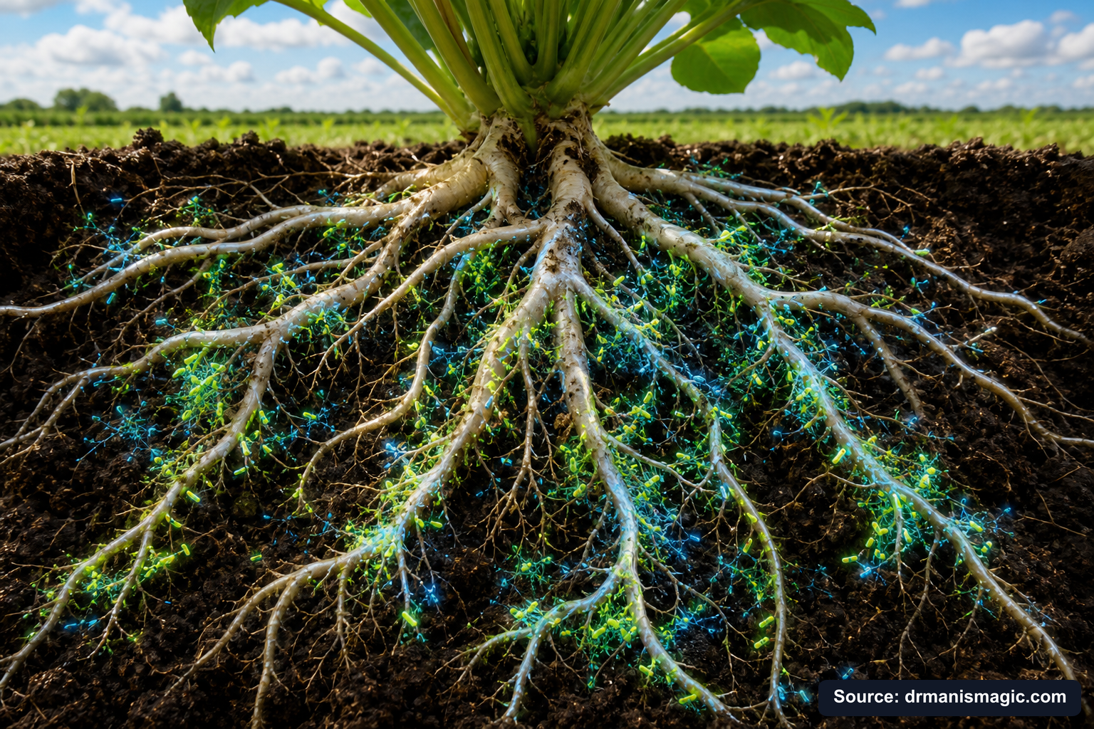 Cross-section of healthy plant roots surrounded by active soil microbes