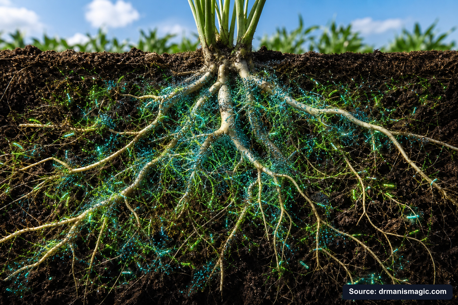 Cross-section of healthy plant roots surrounded by active soil microbes