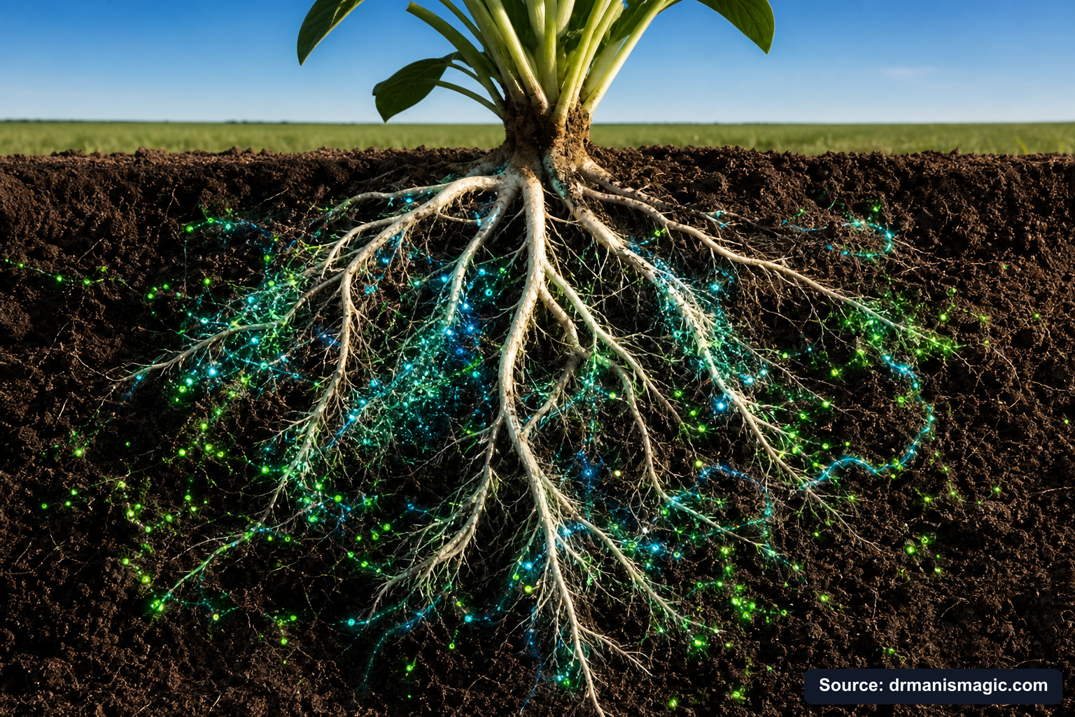 Cross-section of healthy plant roots surrounded by active soil microbes