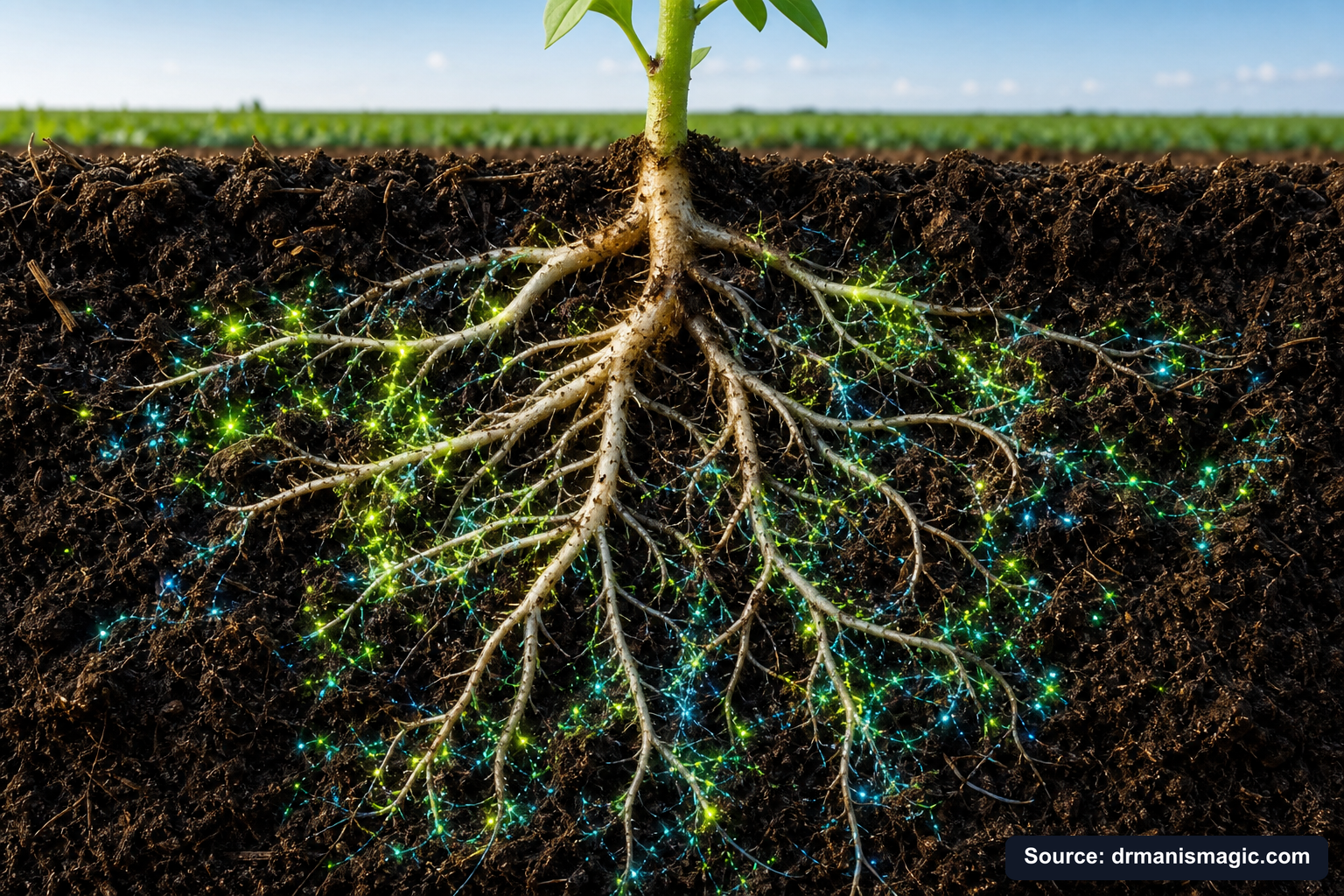 Cross-section of healthy plant roots surrounded by active soil microbes