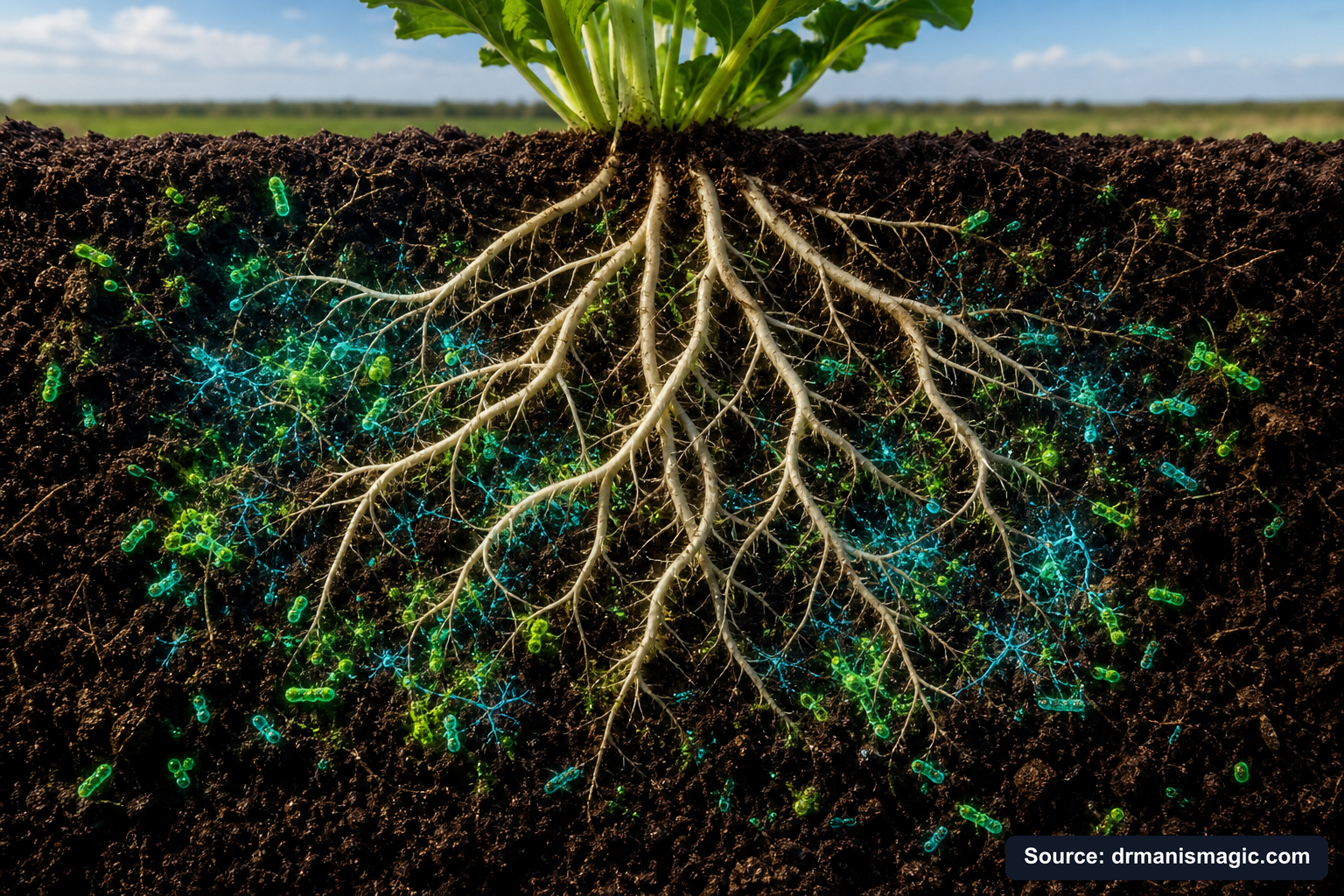 Cross-section of healthy plant roots surrounded by active soil microbes