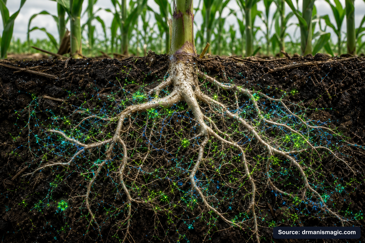 Cross-section of healthy plant roots surrounded by active soil microbes