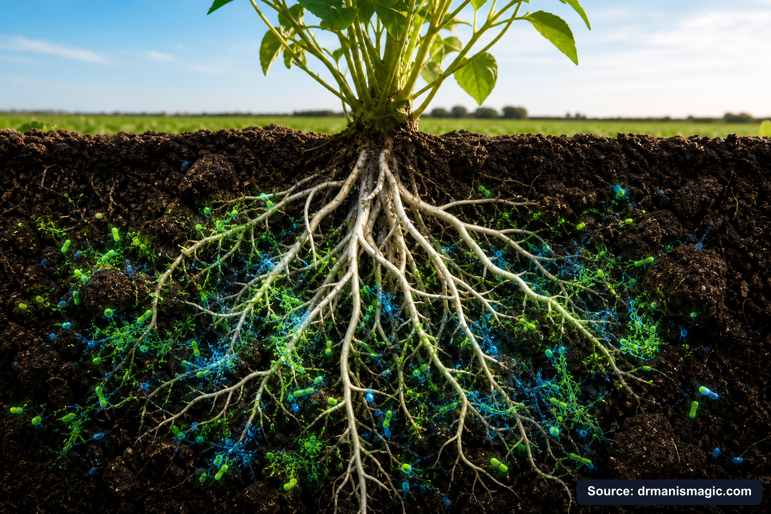 Cross-section of healthy plant roots surrounded by active soil microbes