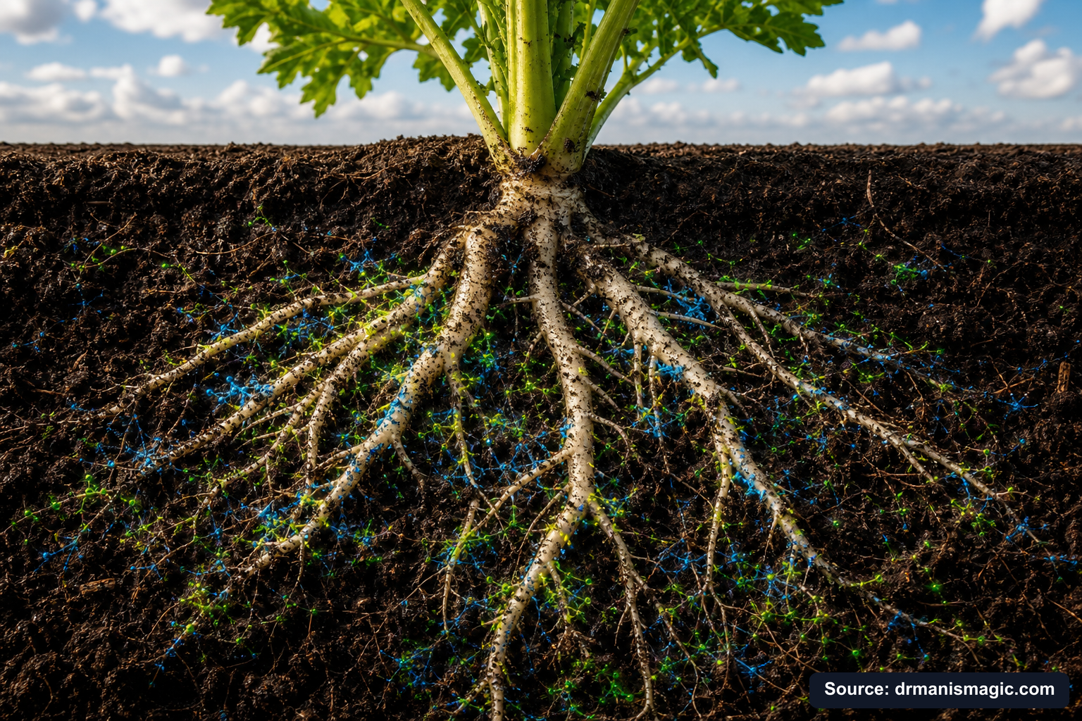 Cross-section of healthy plant roots surrounded by active soil microbes