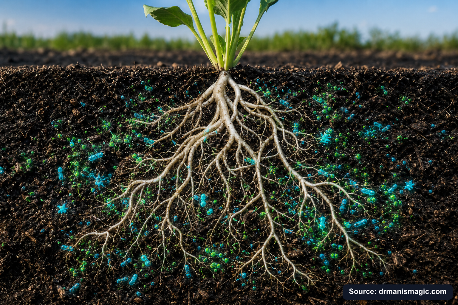 Cross-section of healthy plant roots surrounded by active soil microbes