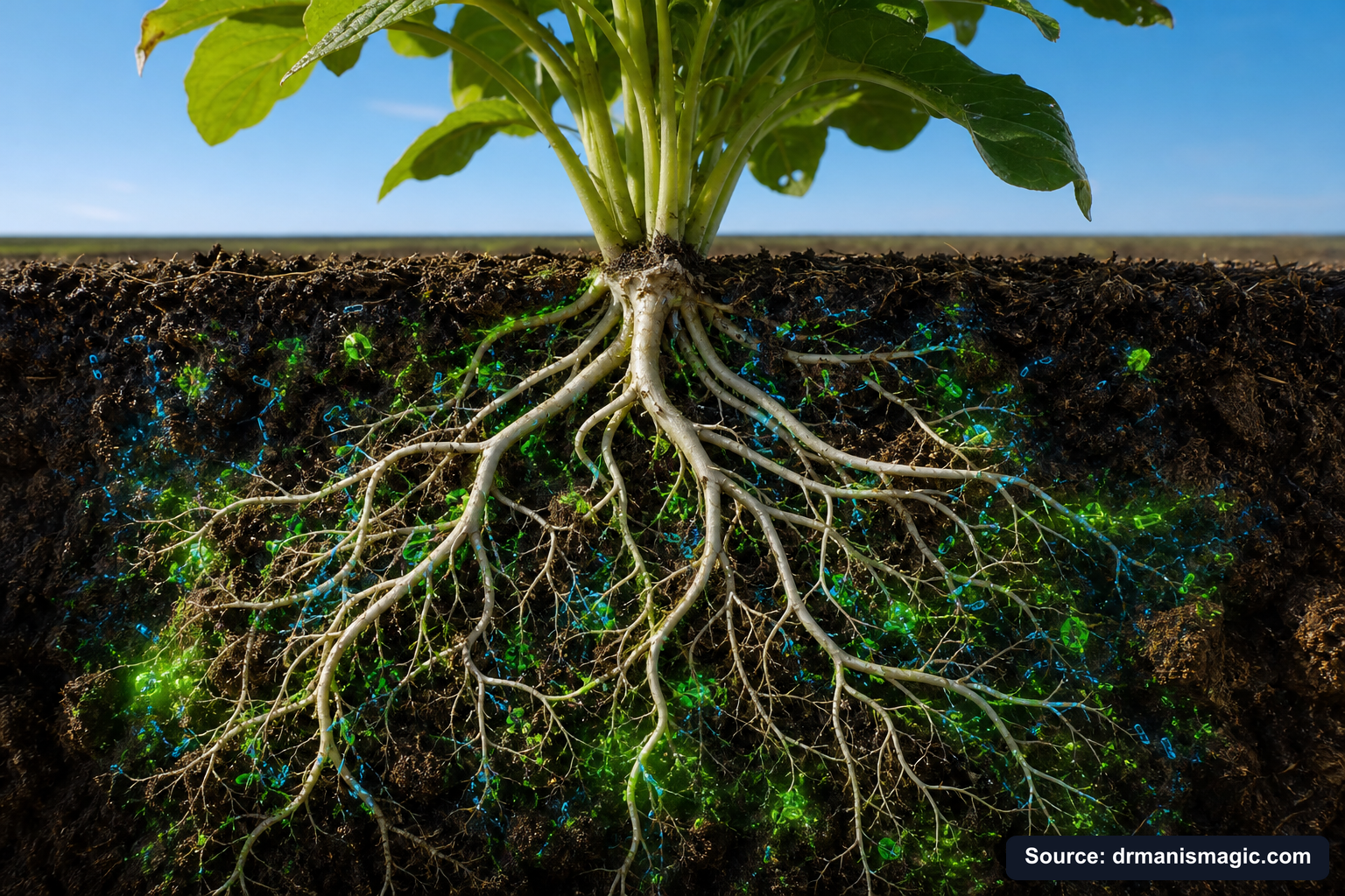 Cross-section of healthy plant roots surrounded by active soil microbes