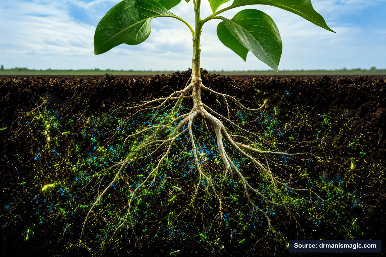 Cross-section of healthy plant roots surrounded by active soil microbes