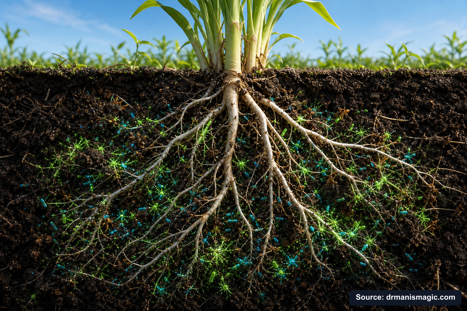 Cross-section of healthy plant roots surrounded by active soil microbes
