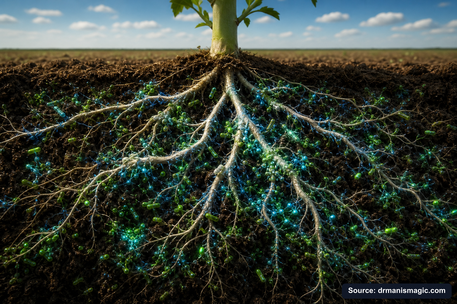 Cross-section of healthy plant roots surrounded by active soil microbes