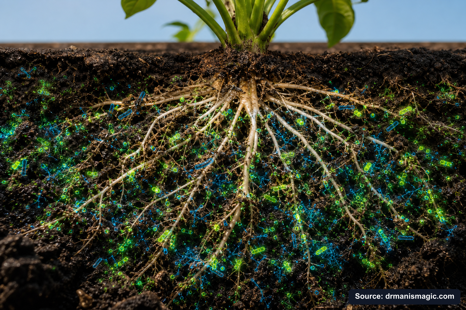 Cross-section of healthy plant roots surrounded by active soil microbes