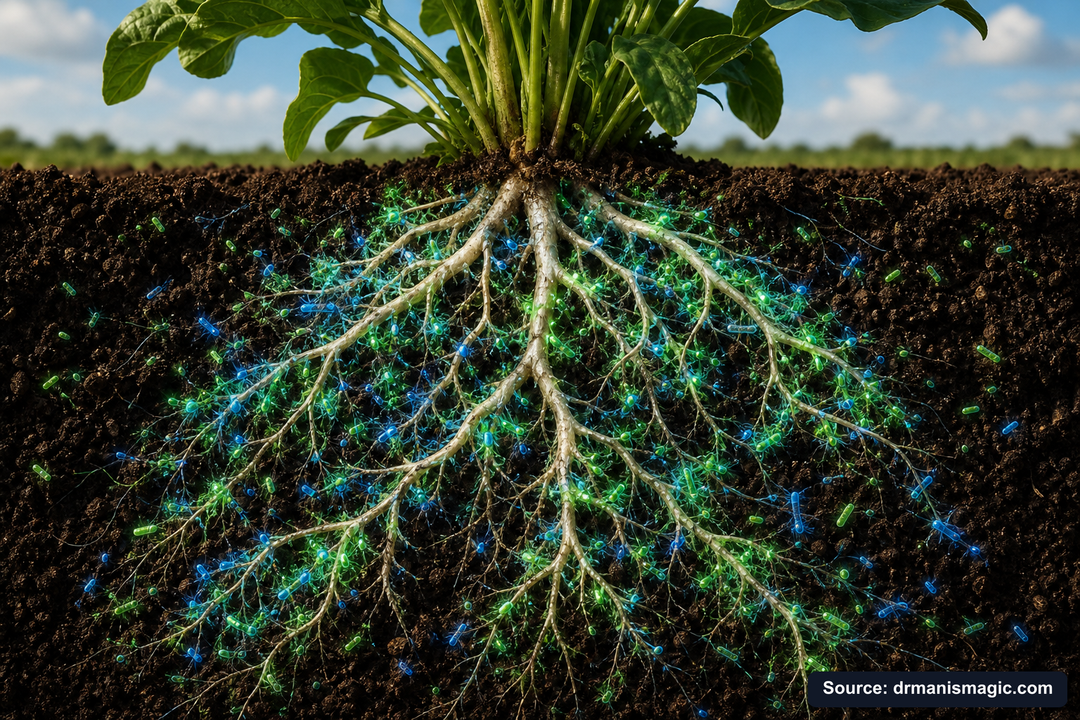 Cross-section of healthy plant roots surrounded by active soil microbes