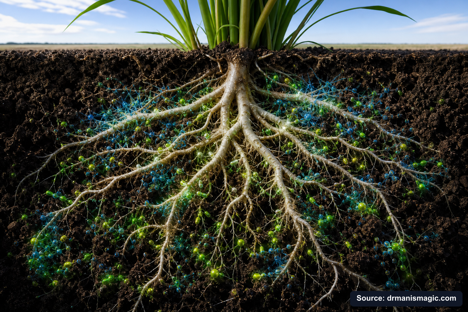 Cross-section of healthy plant roots surrounded by active soil microbes