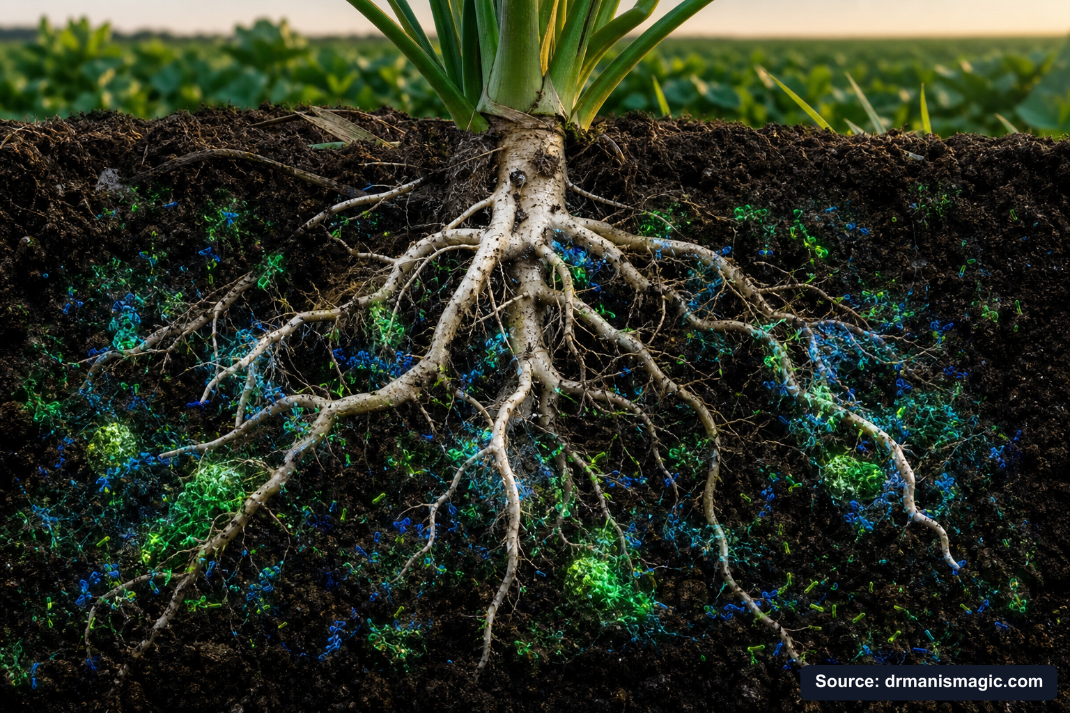 Cross-section of healthy plant roots surrounded by active soil microbes