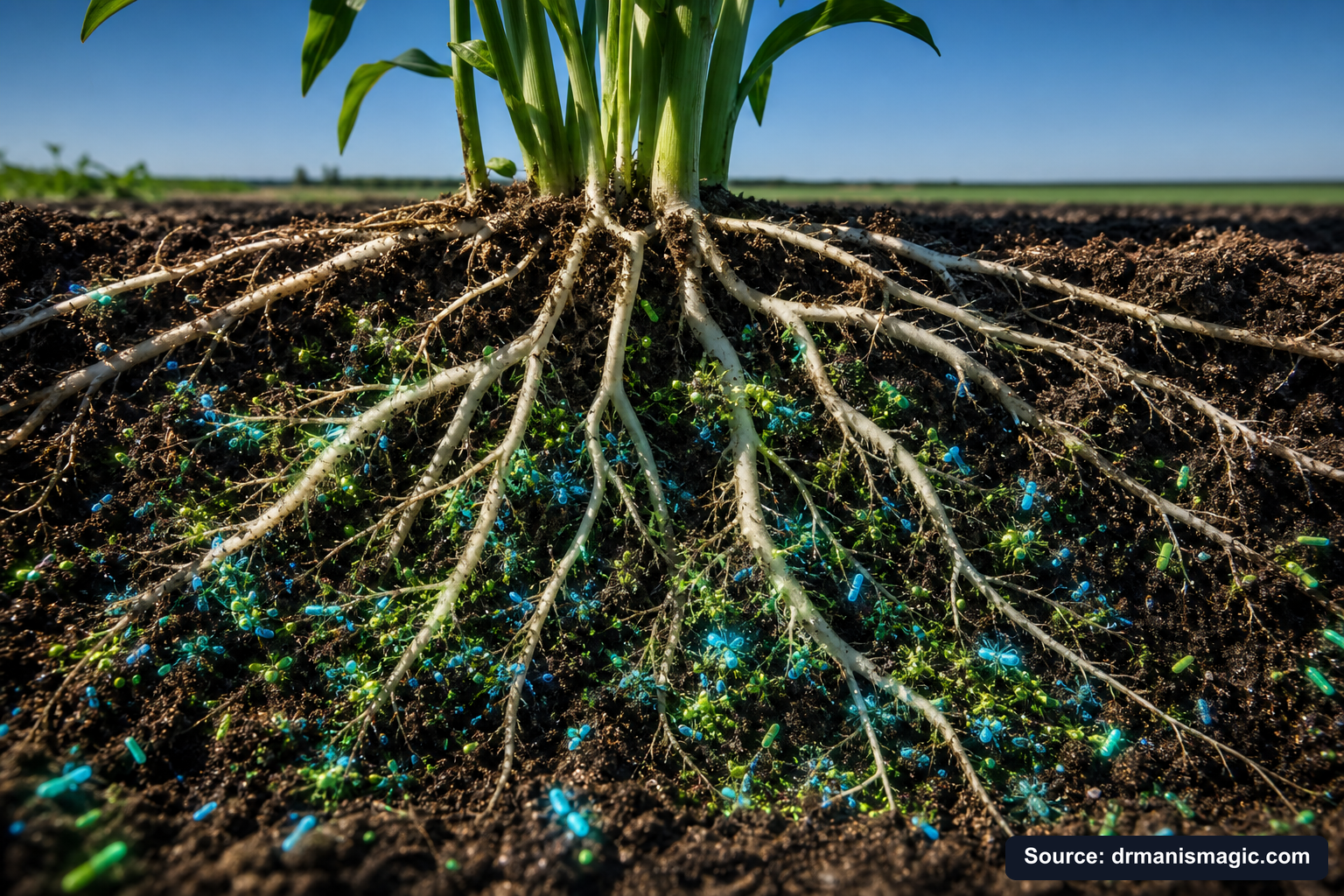 Cross-section of healthy plant roots surrounded by active soil microbes