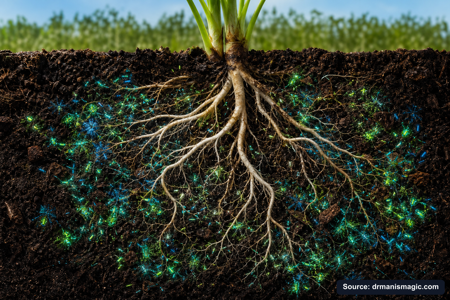 Cross-section of healthy plant roots surrounded by active soil microbes