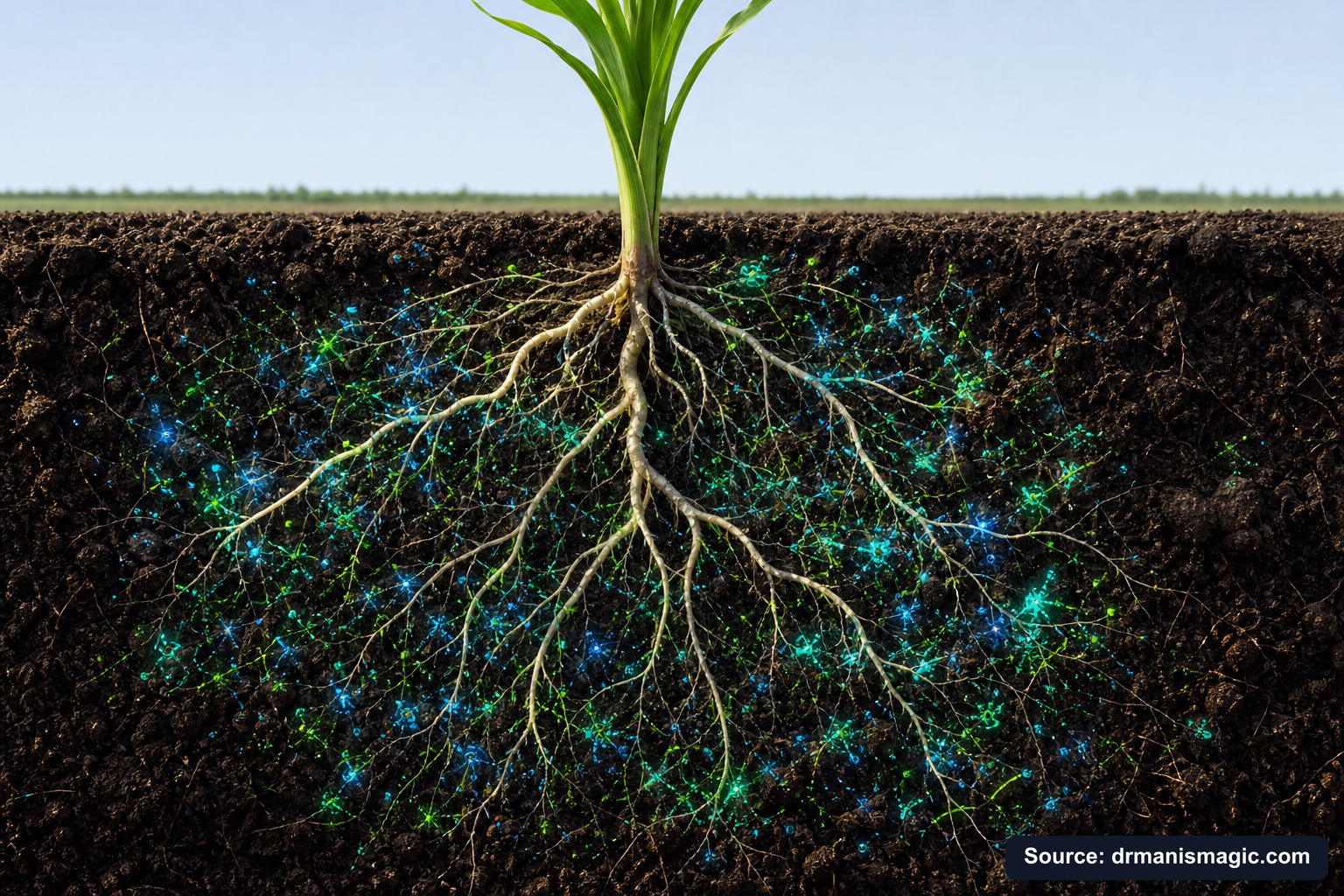 Cross-section of healthy plant roots surrounded by active soil microbes