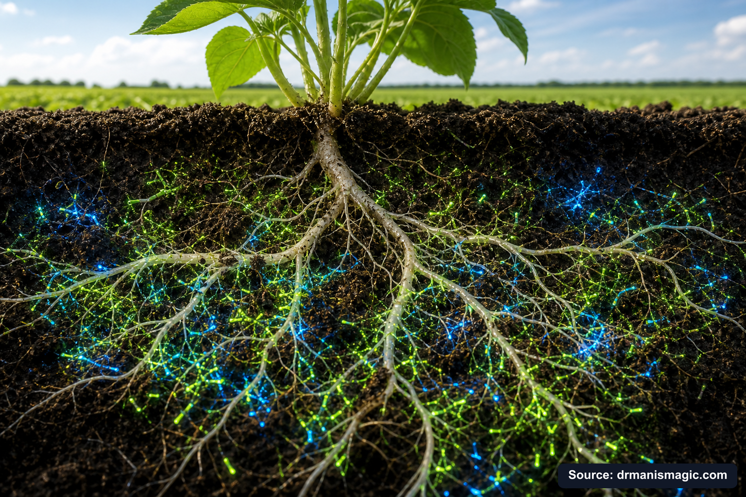Cross-section of healthy plant roots surrounded by active soil microbes