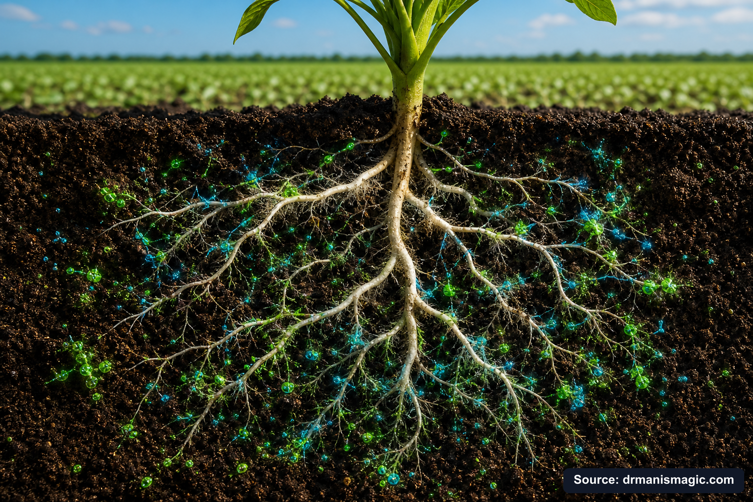 Cross-section of healthy plant roots surrounded by active soil microbes