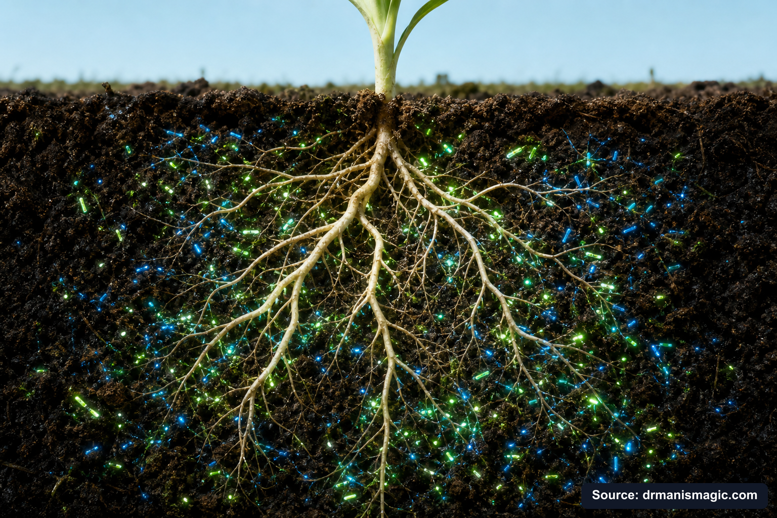 Cross-section of healthy plant roots surrounded by active soil microbes