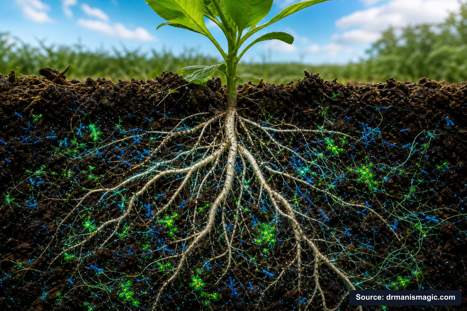 Cross-section of healthy plant roots surrounded by active soil microbes