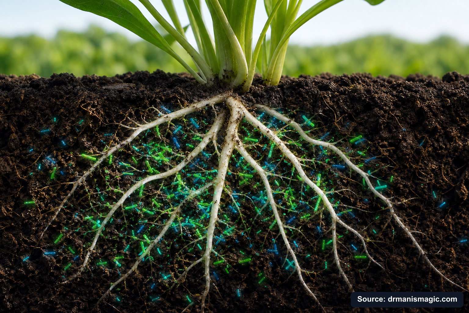 Cross-section of healthy plant roots surrounded by active soil microbes