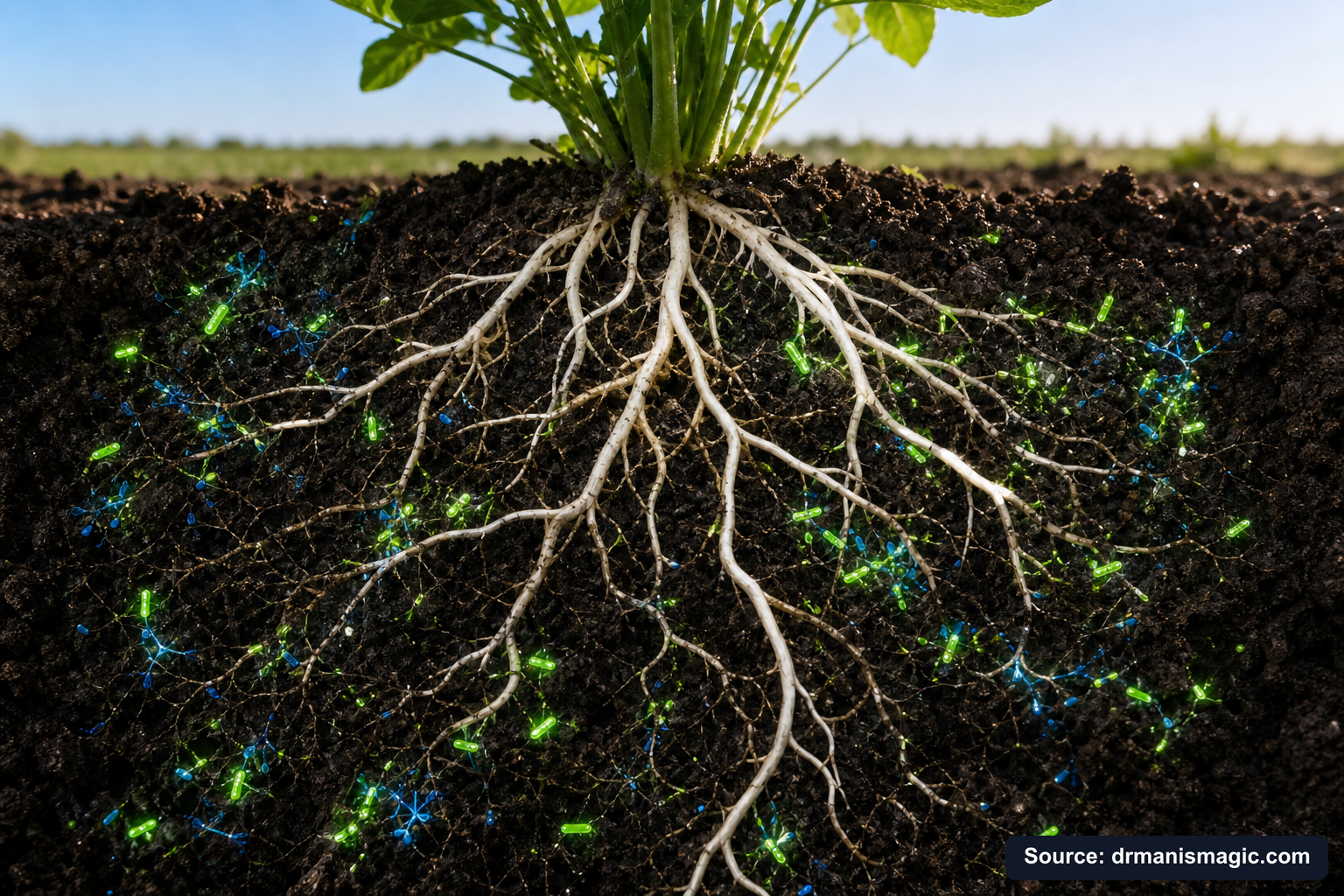 Cross-section of healthy plant roots surrounded by active soil microbes