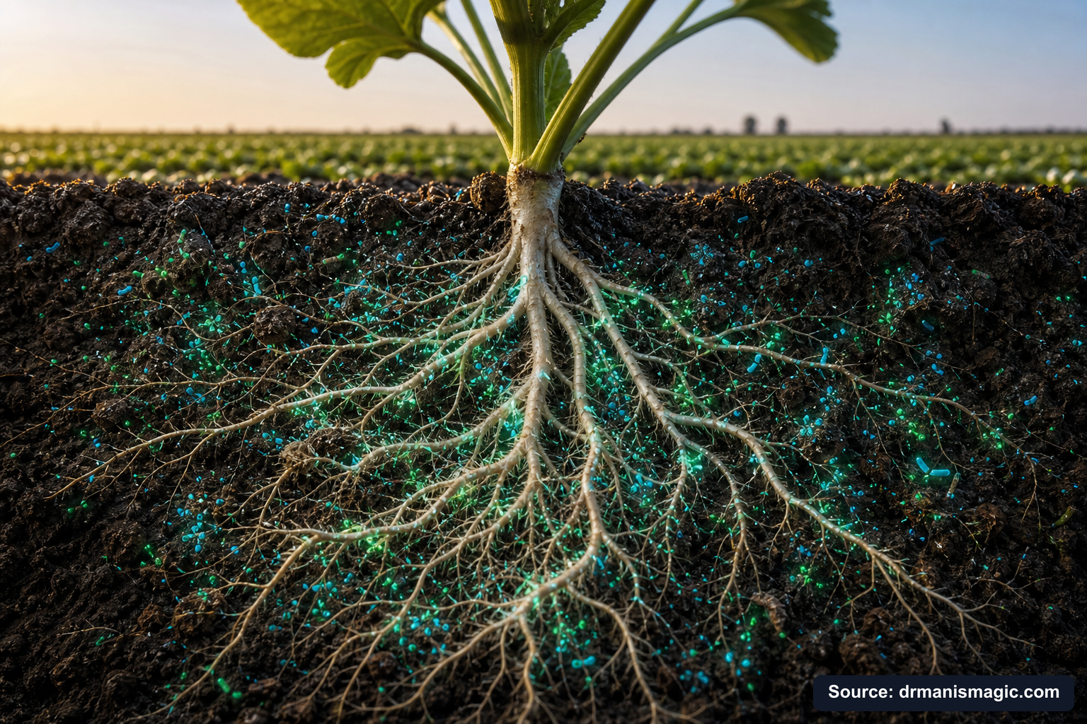 Cross-section of healthy plant roots surrounded by active soil microbes