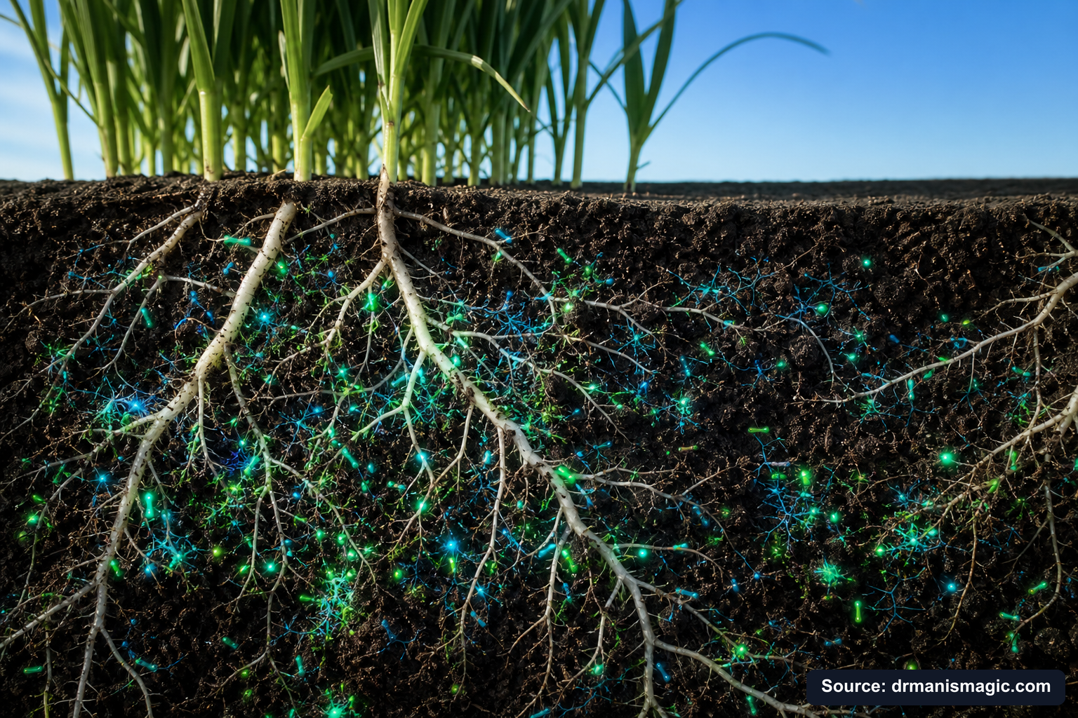 Cross-section of healthy plant roots surrounded by active soil microbes