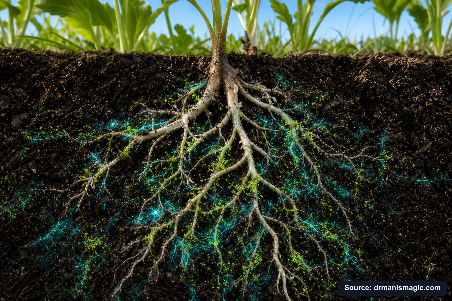 Cross-section of healthy plant roots surrounded by active soil microbes