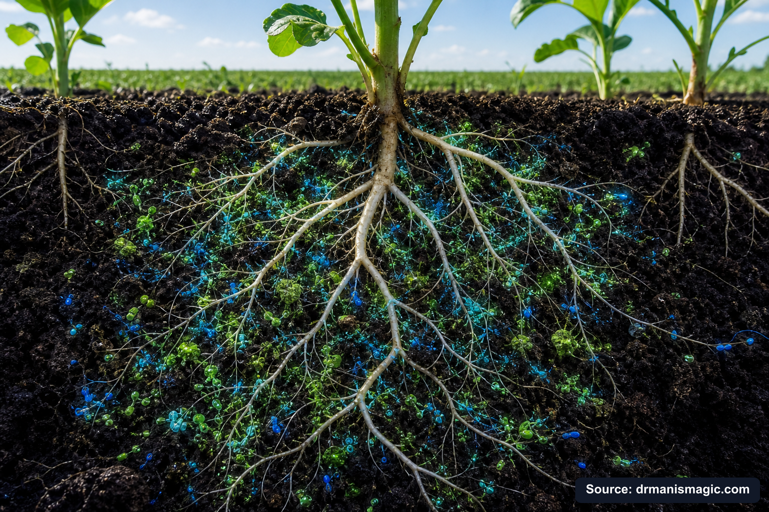 Cross-section of healthy plant roots surrounded by active soil microbes