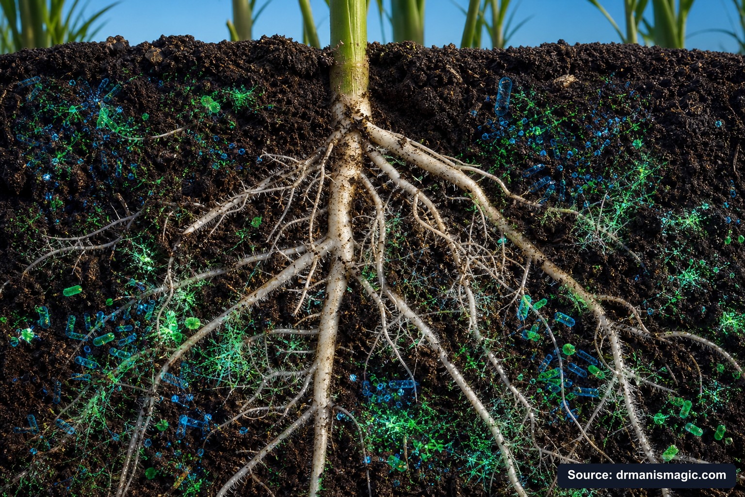 Cross-section of healthy plant roots surrounded by active soil microbes