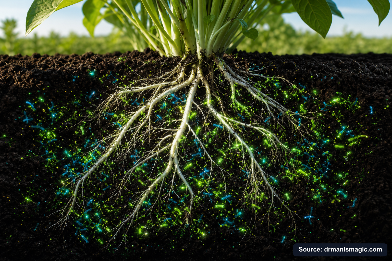 Cross-section of healthy plant roots surrounded by active soil microbes
