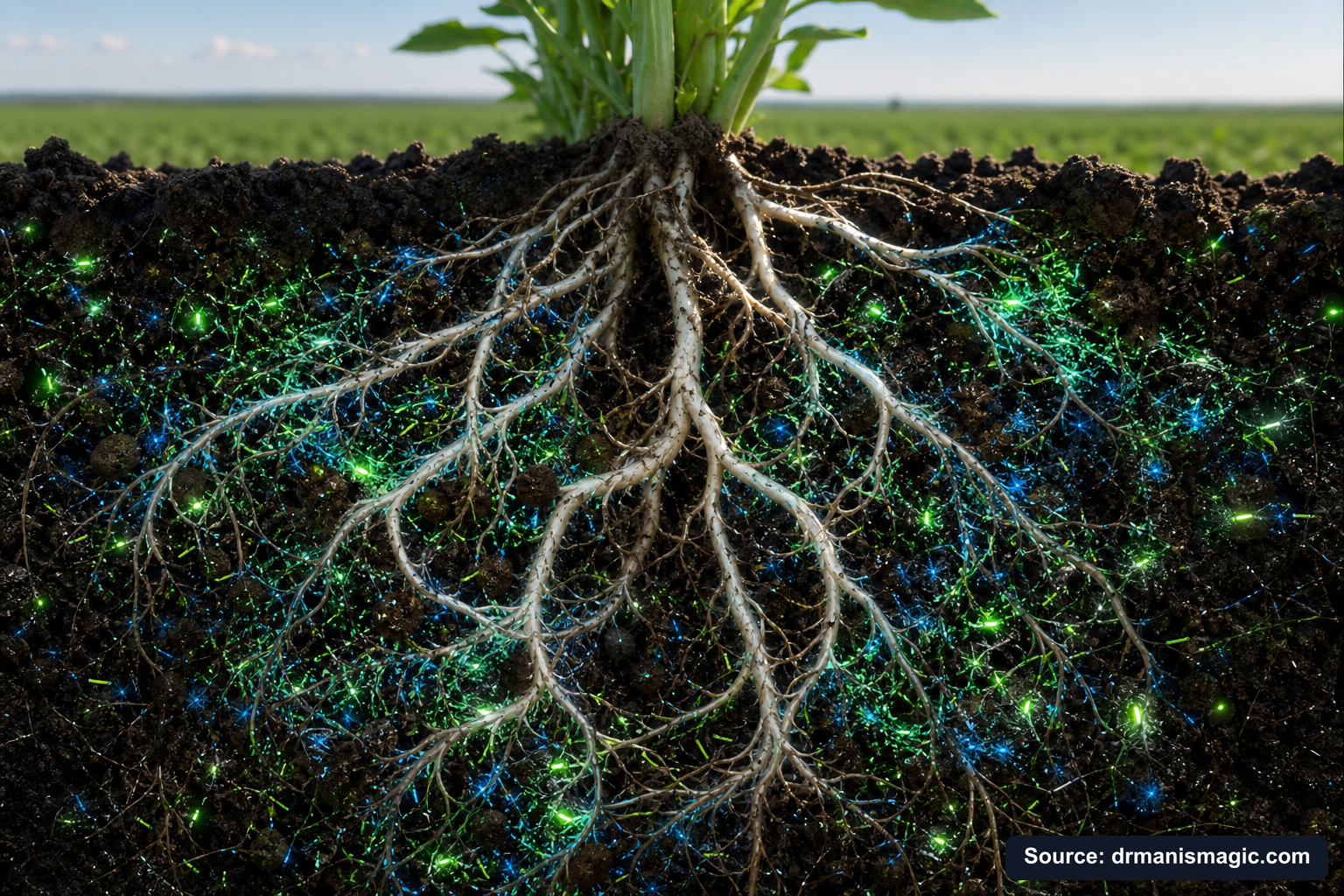 Cross-section of healthy plant roots surrounded by active soil microbes