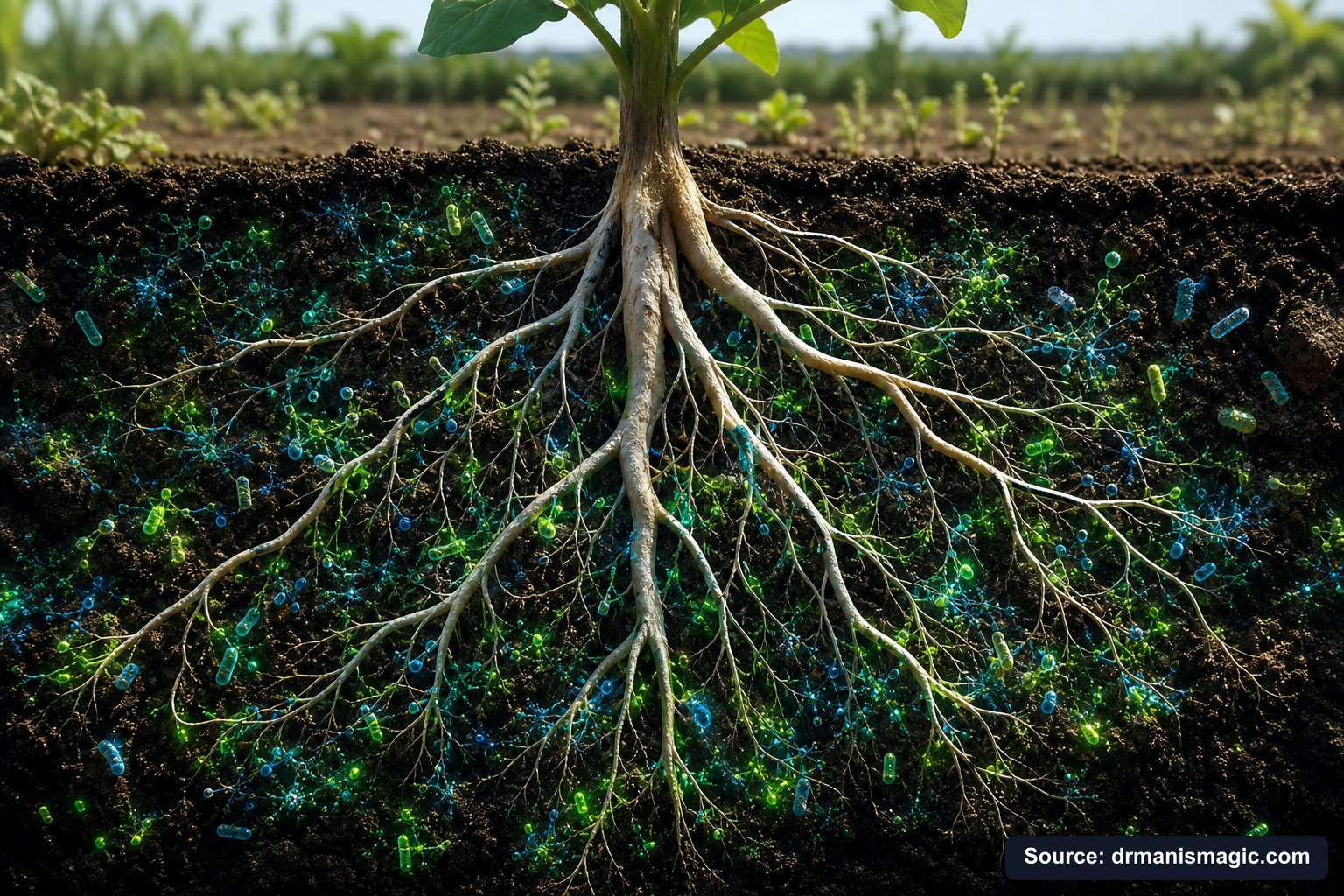 Cross-section of healthy plant roots surrounded by active soil microbes