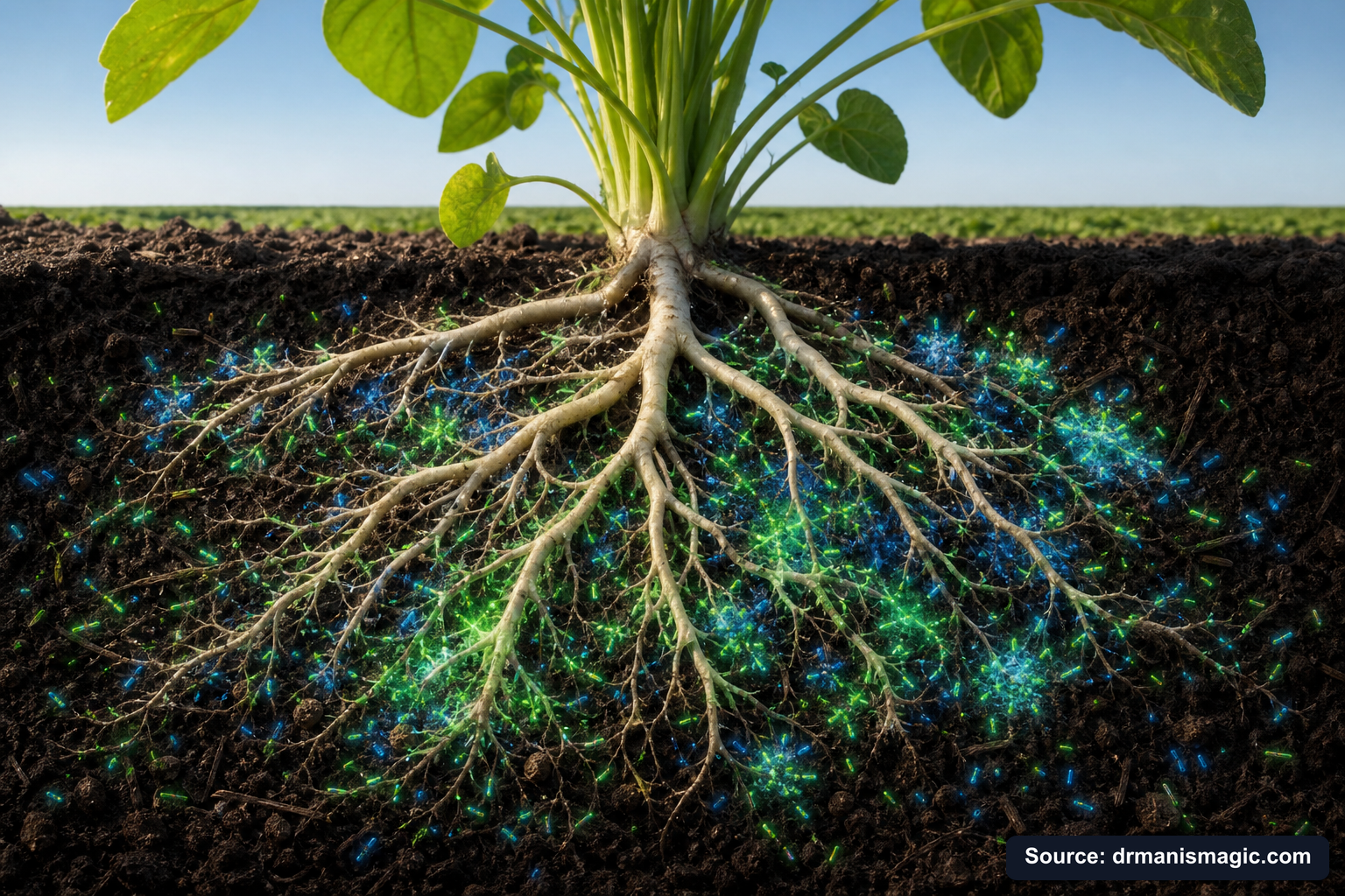Cross-section of healthy plant roots surrounded by active soil microbes
